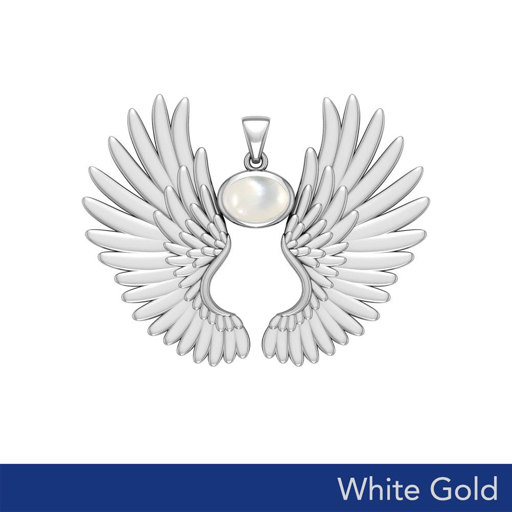 Guardian Angel Wings Solid White Gold Pendant with Birthstone WPD5867 - Jewelry