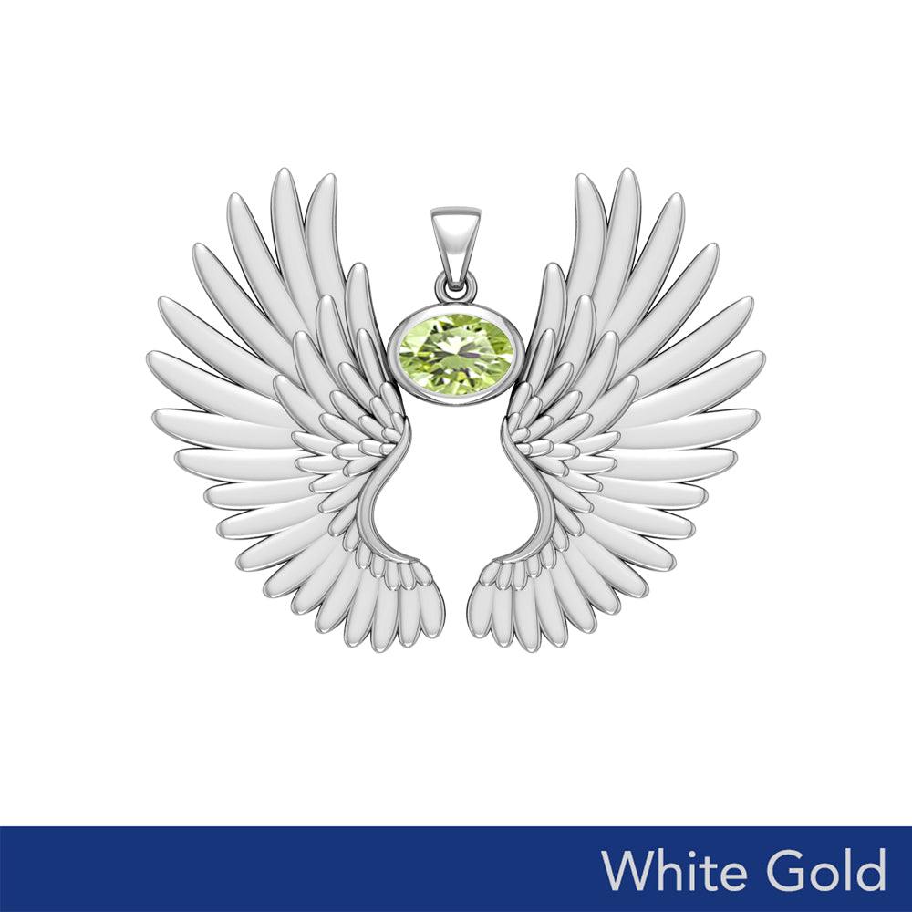 Guardian Angel Wings Solid White Gold Pendant with Birthstone WPD5867 - Jewelry