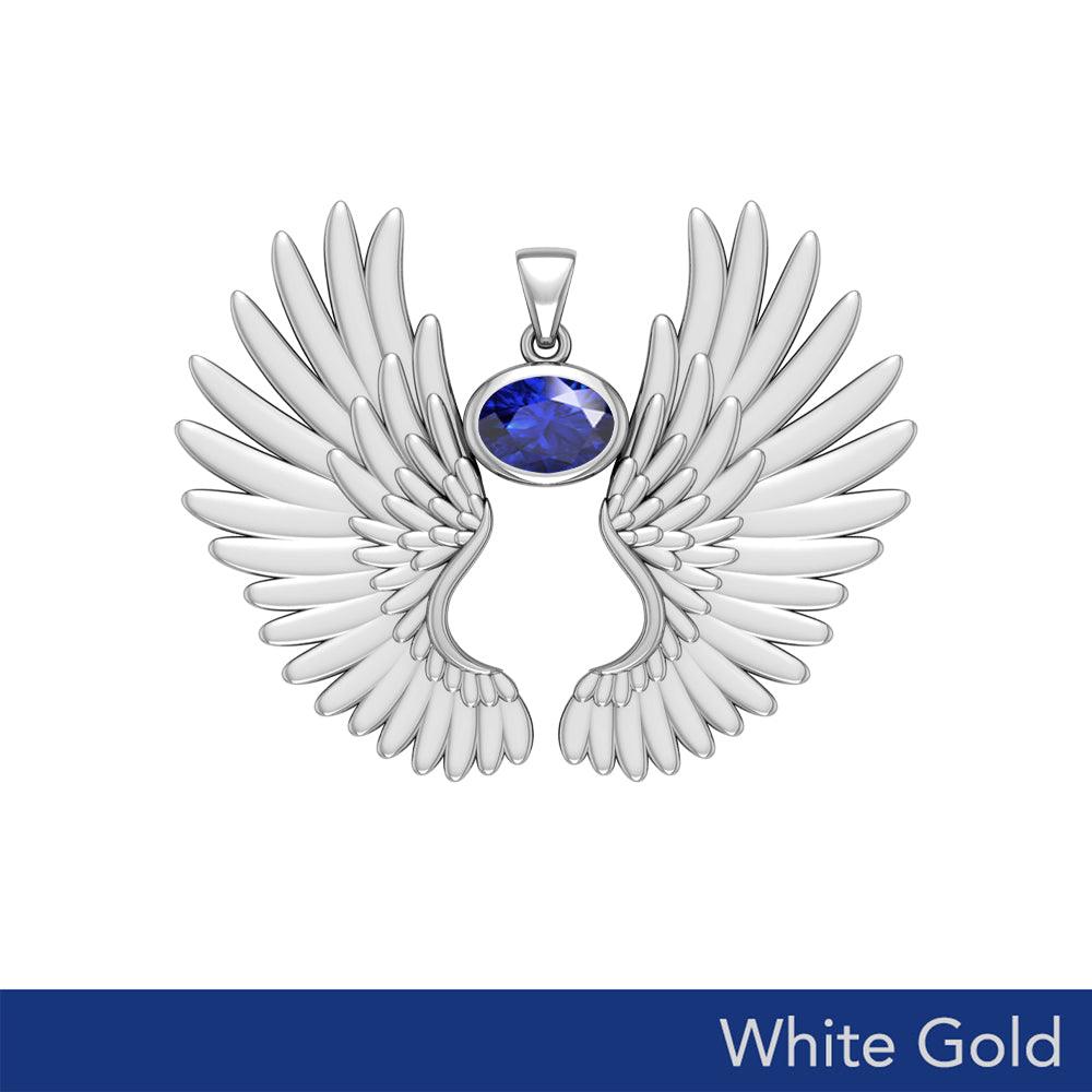 Guardian Angel Wings Solid White Gold Pendant with Birthstone WPD5867 - Jewelry