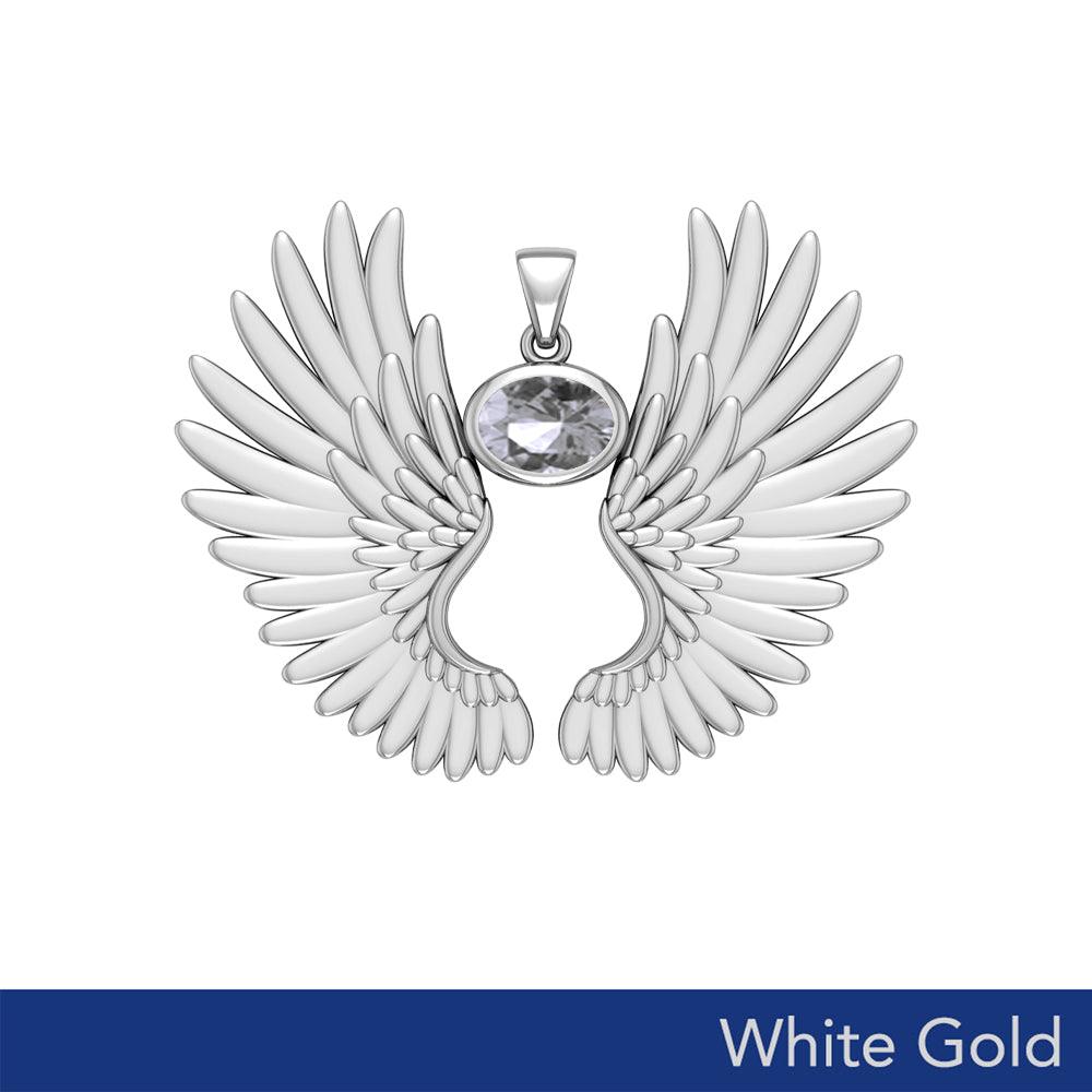 Guardian Angel Wings Solid White Gold Pendant with Birthstone WPD5867 - Jewelry