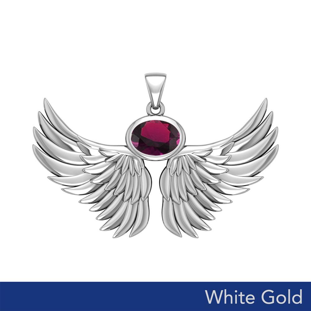 Guardian Angel Wings Solid White Gold Pendant with Birthstone WPD5869 - Jewelry