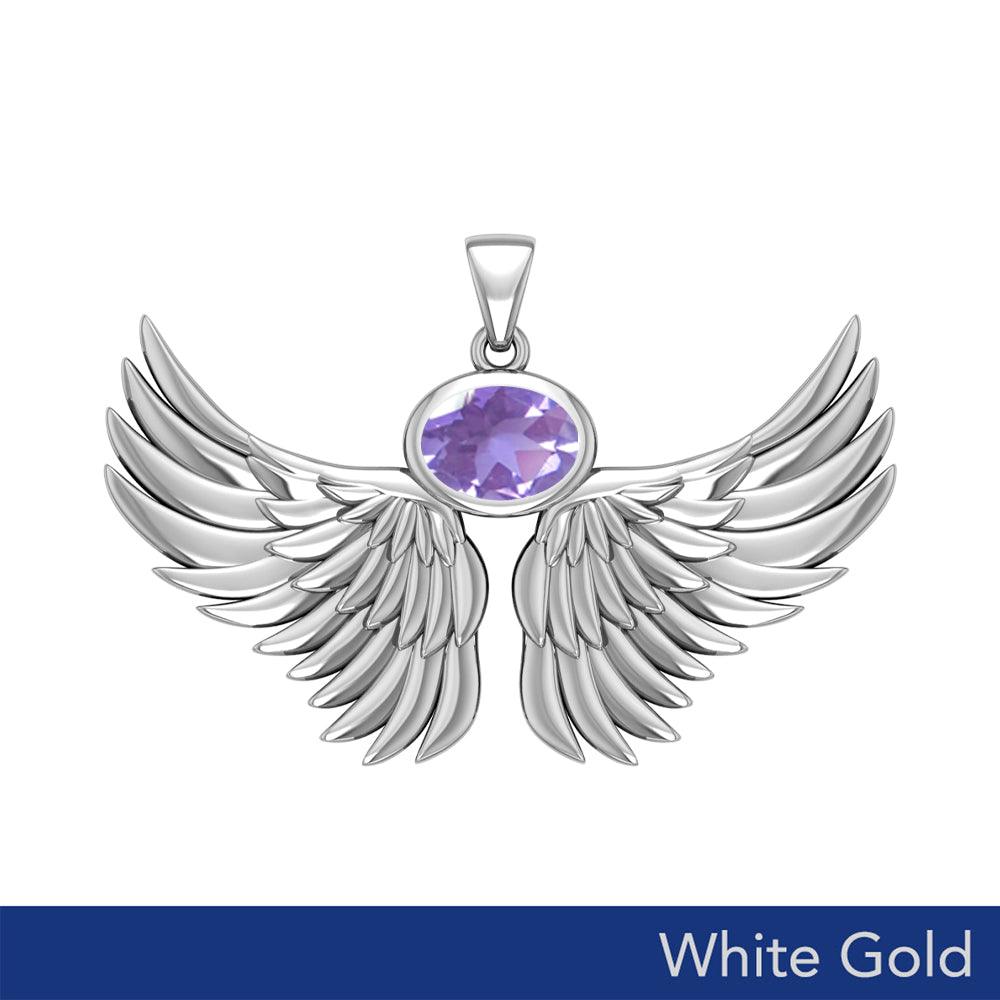 Guardian Angel Wings Solid White Gold Pendant with Birthstone WPD5869 - Jewelry