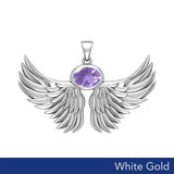 Guardian Angel Wings Solid White Gold Pendant with Birthstone WPD5869 - Jewelry