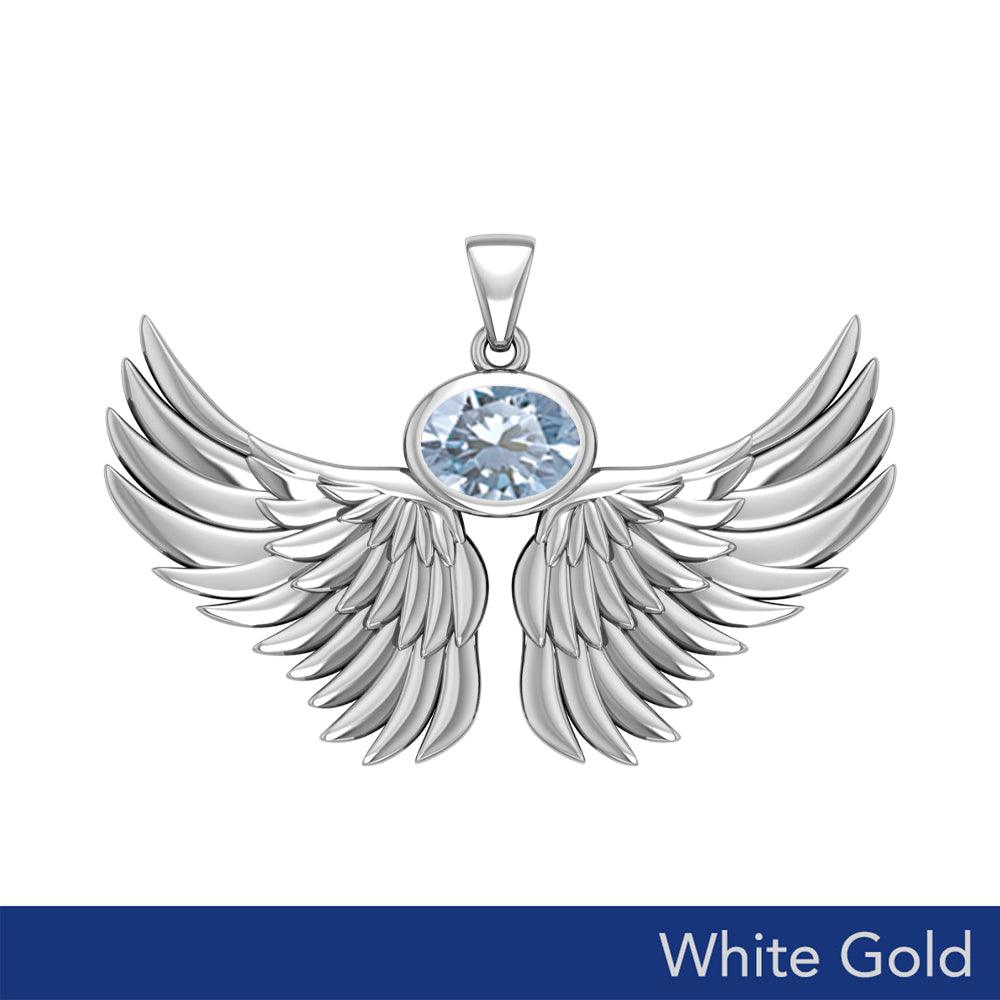 Guardian Angel Wings Solid White Gold Pendant with Birthstone WPD5869 - Jewelry