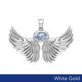 Guardian Angel Wings Solid White Gold Pendant with Birthstone WPD5869 - Jewelry