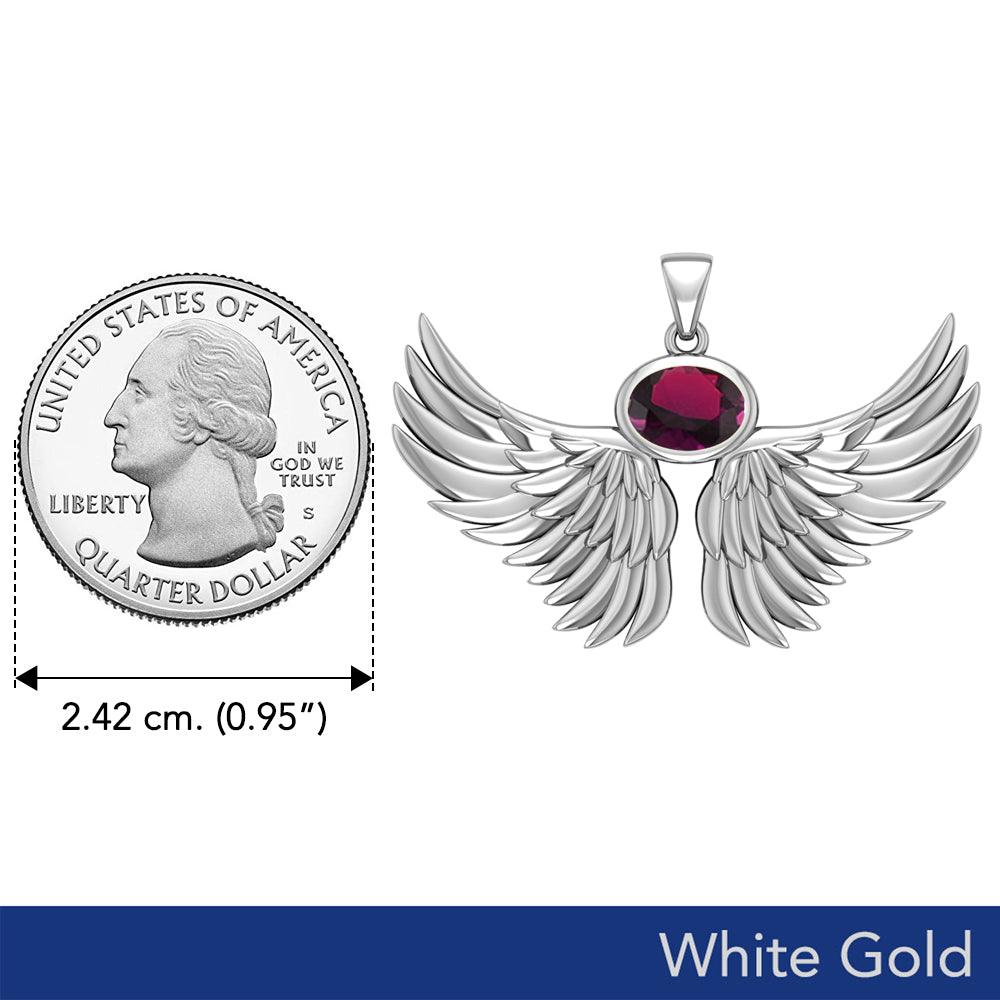 Guardian Angel Wings Solid White Gold Pendant with Birthstone WPD5869 - Jewelry