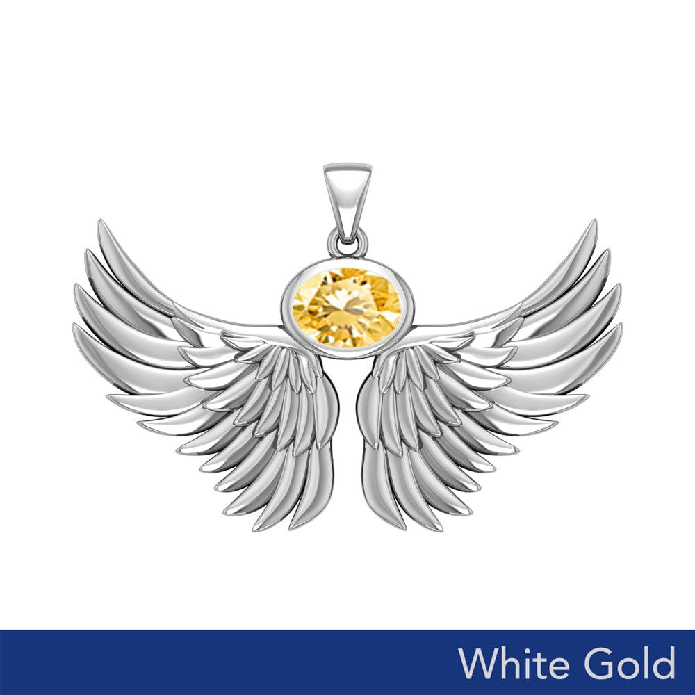 Guardian Angel Wings Solid White Gold Pendant with Birthstone WPD5869 - Jewelry