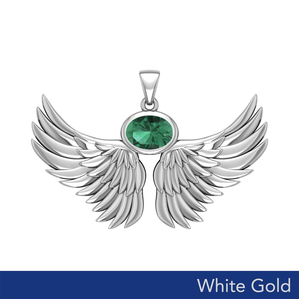 Guardian Angel Wings Solid White Gold Pendant with Birthstone WPD5869 - Jewelry