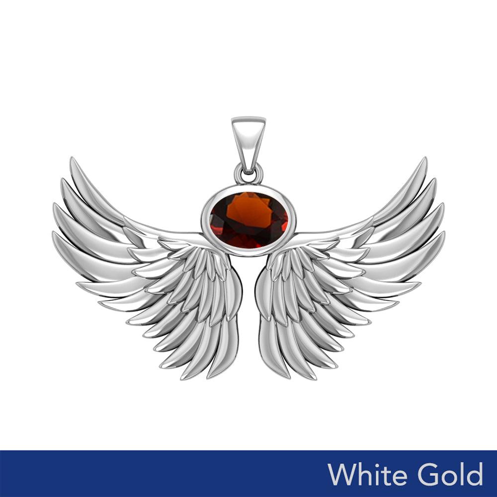 Guardian Angel Wings Solid White Gold Pendant with Birthstone WPD5869 - Jewelry