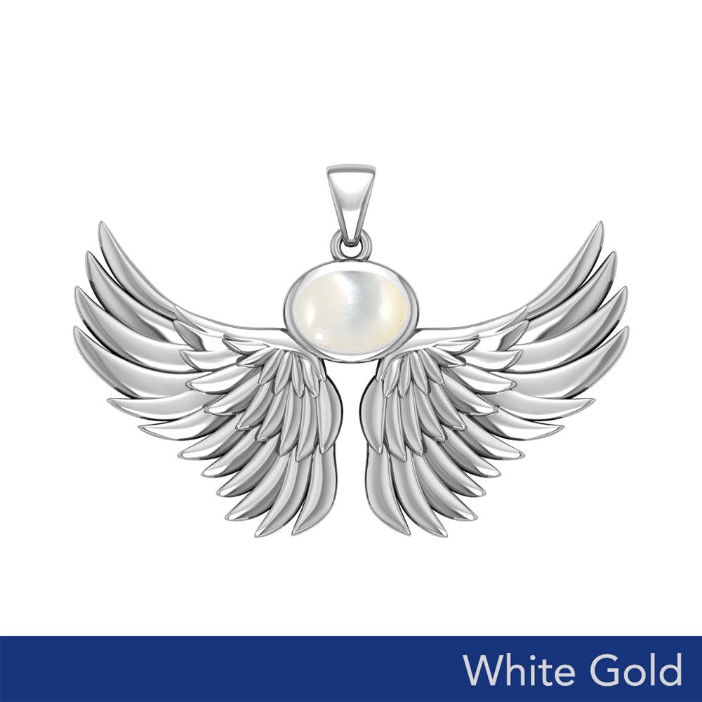 Guardian Angel Wings Solid White Gold Pendant with Birthstone WPD5869 - Jewelry