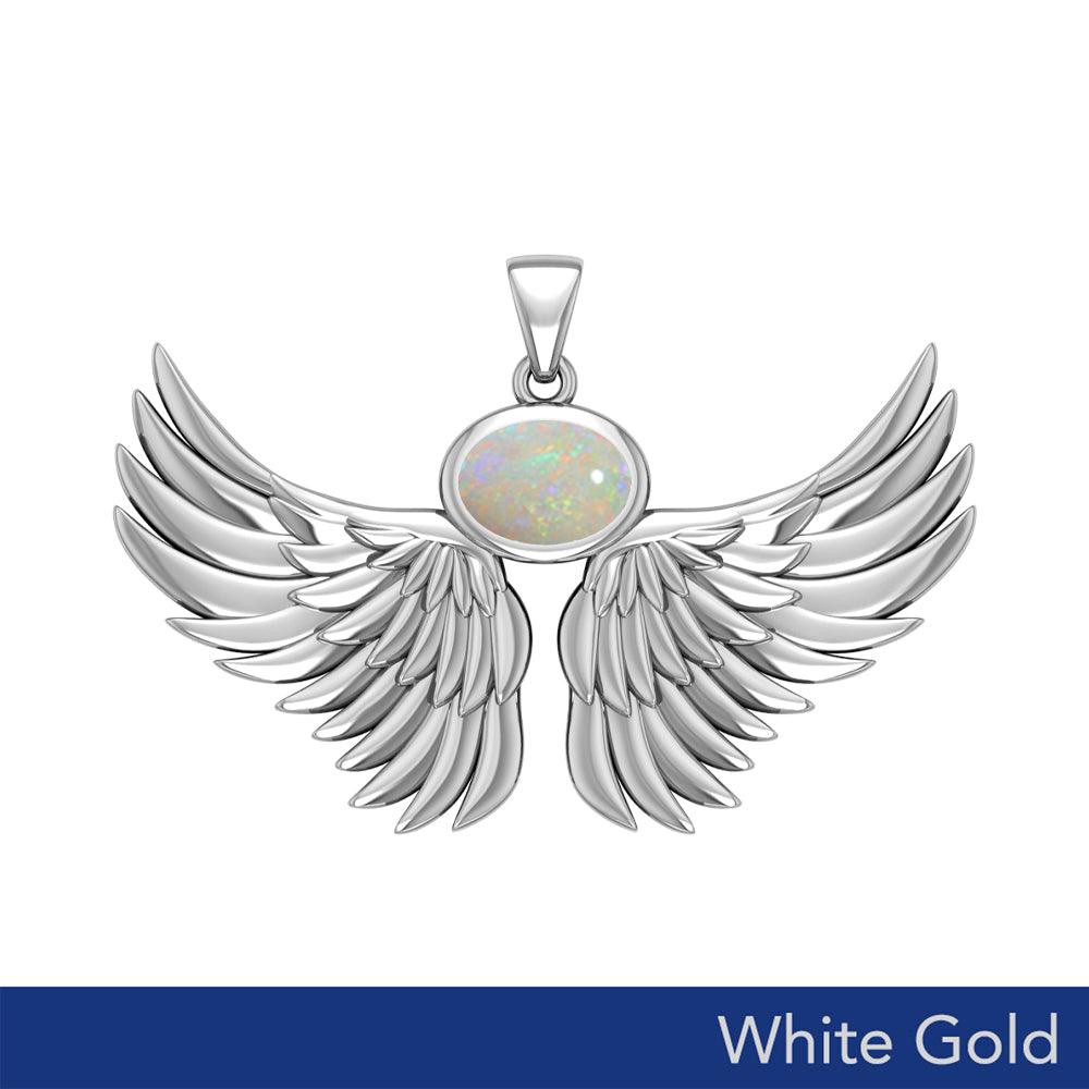 Guardian Angel Wings Solid White Gold Pendant with Birthstone WPD5869 - Jewelry