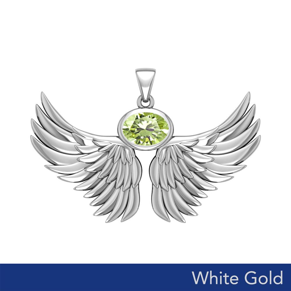 Guardian Angel Wings Solid White Gold Pendant with Birthstone WPD5869 - Jewelry