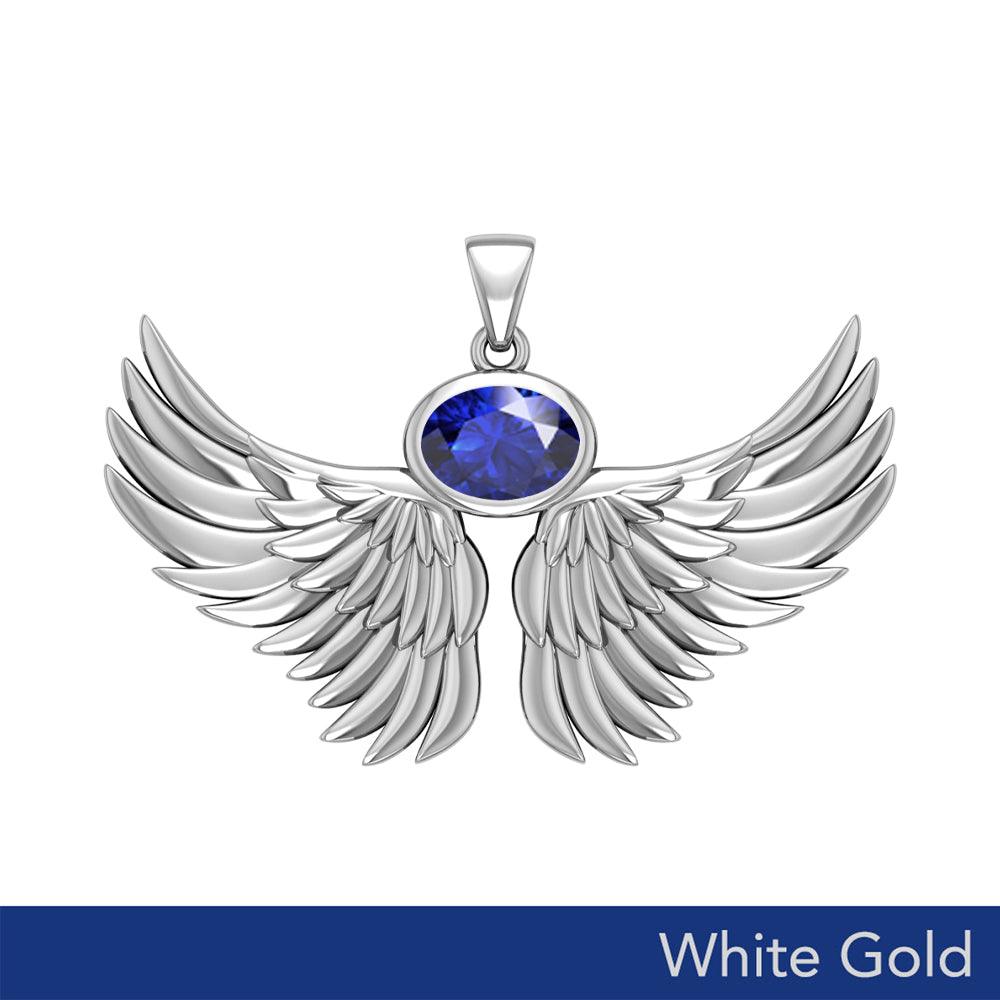 Guardian Angel Wings Solid White Gold Pendant with Birthstone WPD5869 - Jewelry