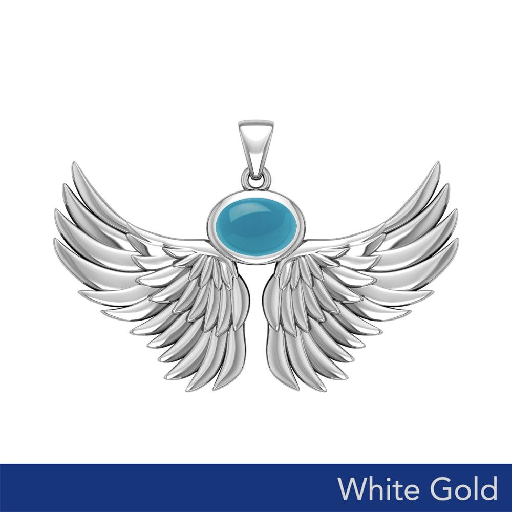 Guardian Angel Wings Solid White Gold Pendant with Birthstone WPD5869 - Jewelry