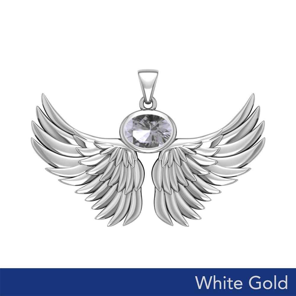 Guardian Angel Wings Solid White Gold Pendant with Birthstone WPD5869 - Jewelry