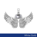 Guardian Angel Wings Solid White Gold Pendant with Birthstone WPD5869 - Jewelry