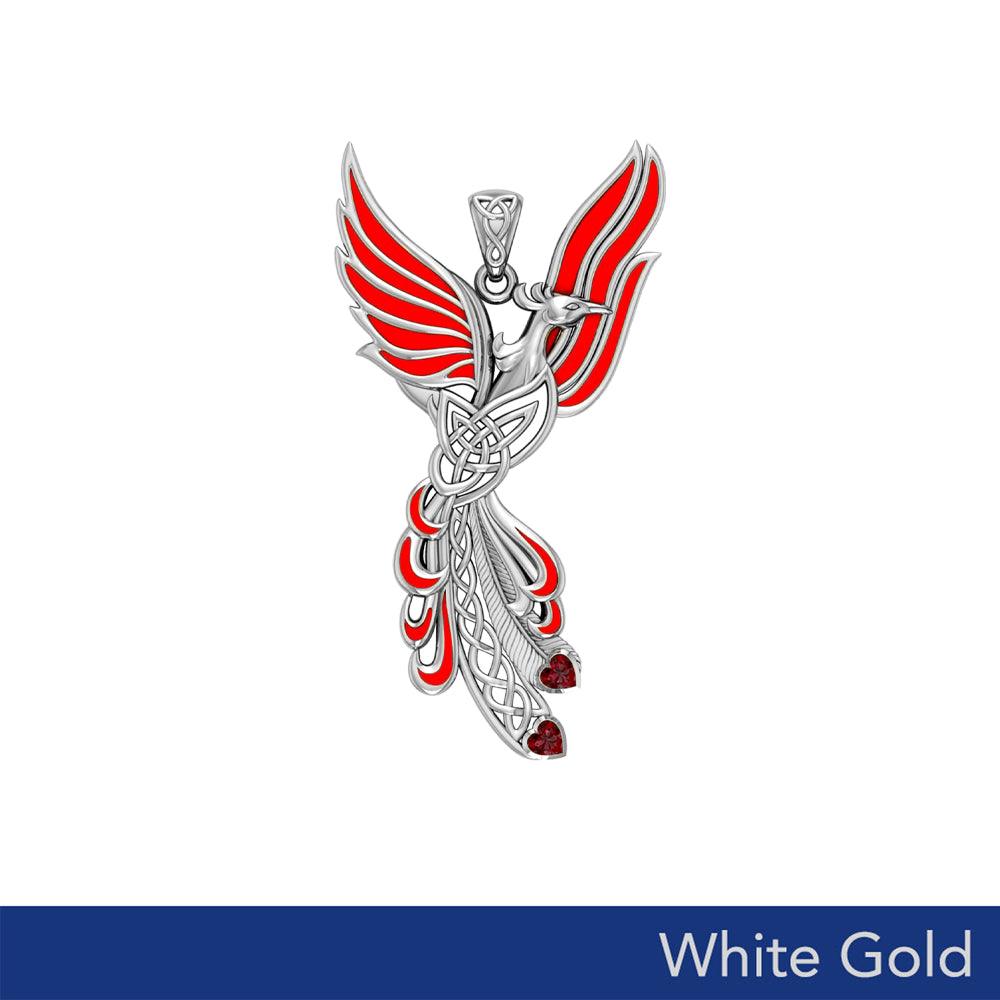 Celtic Phoenix Solid White Gold Pendant with Gems and Enamel WPD5873 - Jewelry