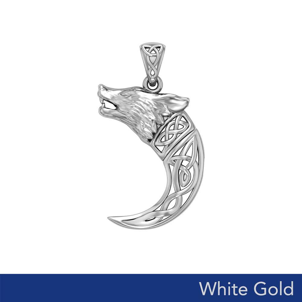 Wolf with Celtic Viking Norse Horn Solid White Gold Pendant WPD5979 - Jewelry