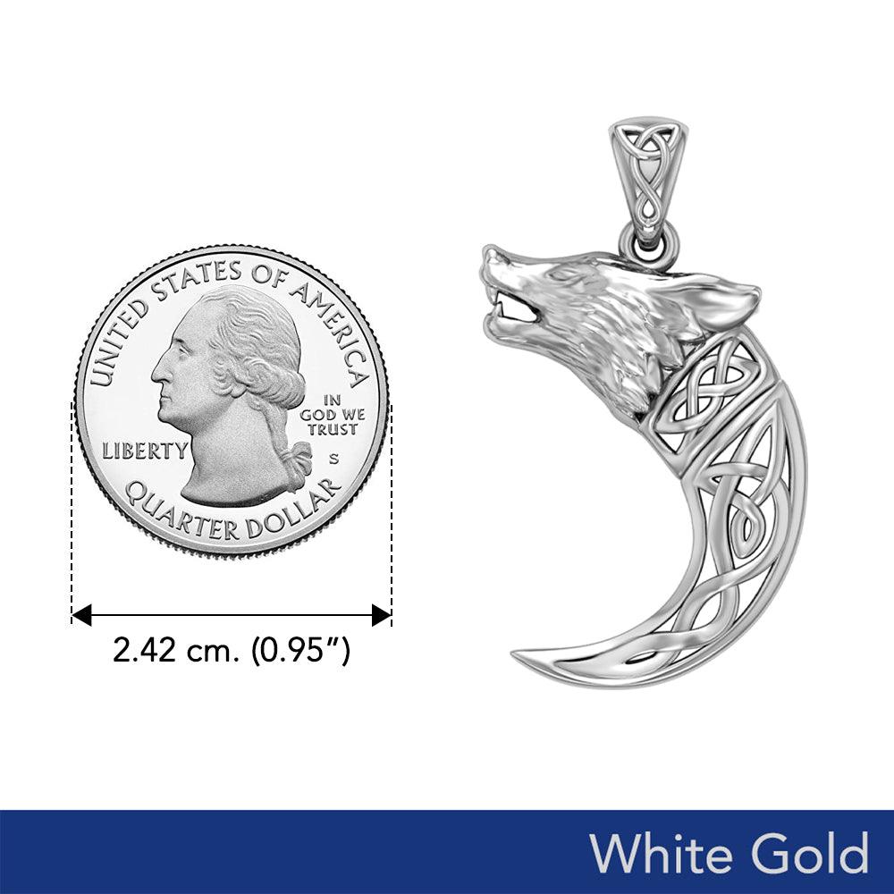 Wolf with Celtic Viking Norse Horn Solid White Gold Pendant WPD5979 - Jewelry