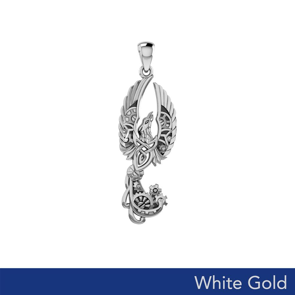 Steampunk Celtic Phoenix Solid White Gold Pendant WPD6000 - Jewelry