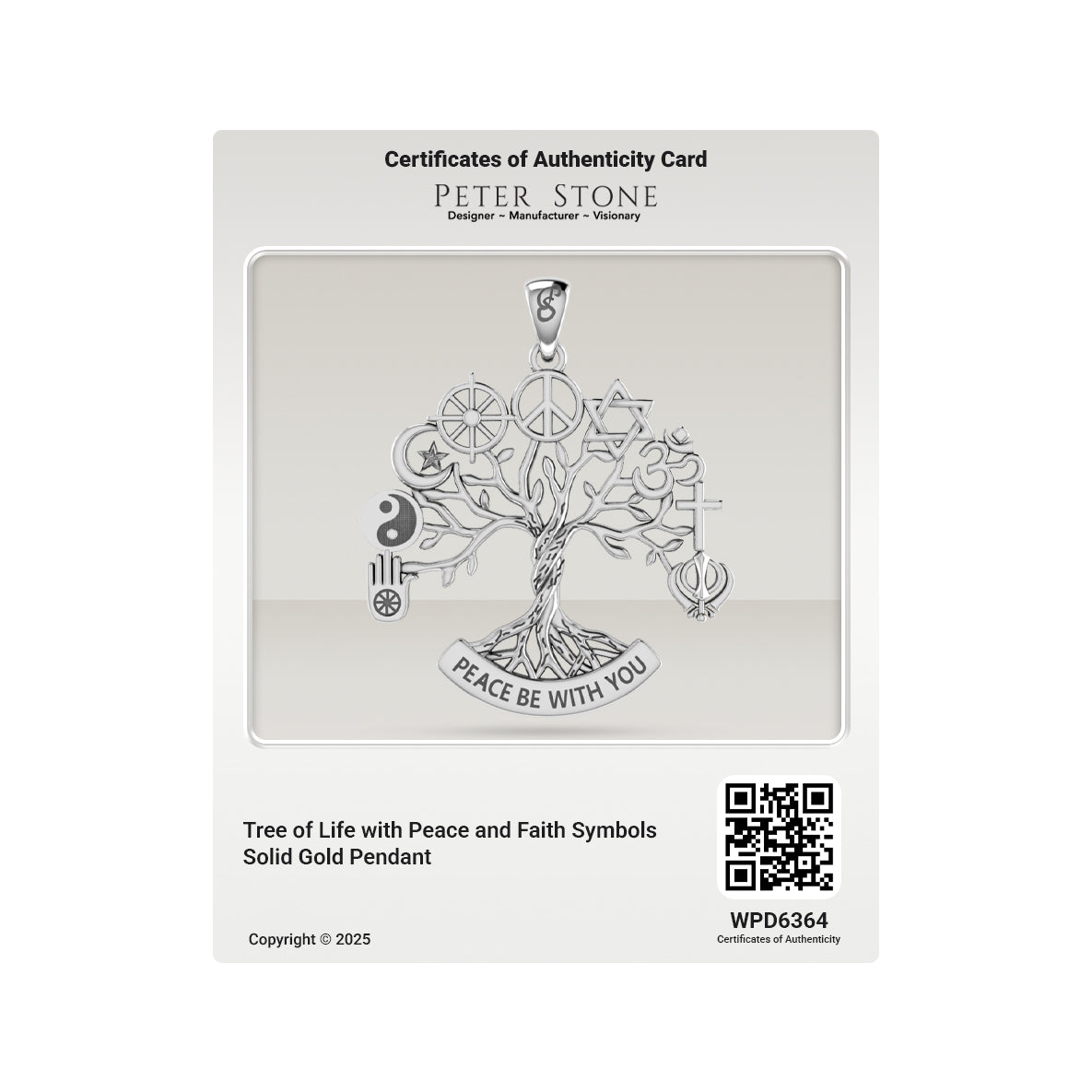 Tree of Life with Peace and Faith Symbols Solid Gold Pendant GPD6364