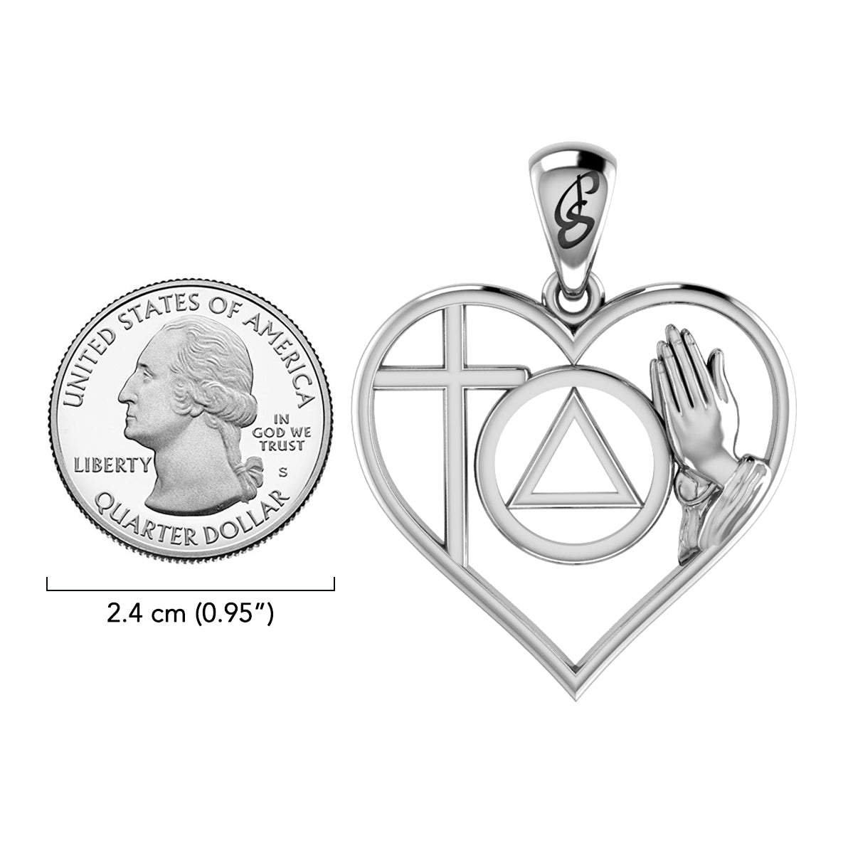 AA Recovery Symbol with Faith and Christogram in Heart Solid Gold Pendant GPD6386