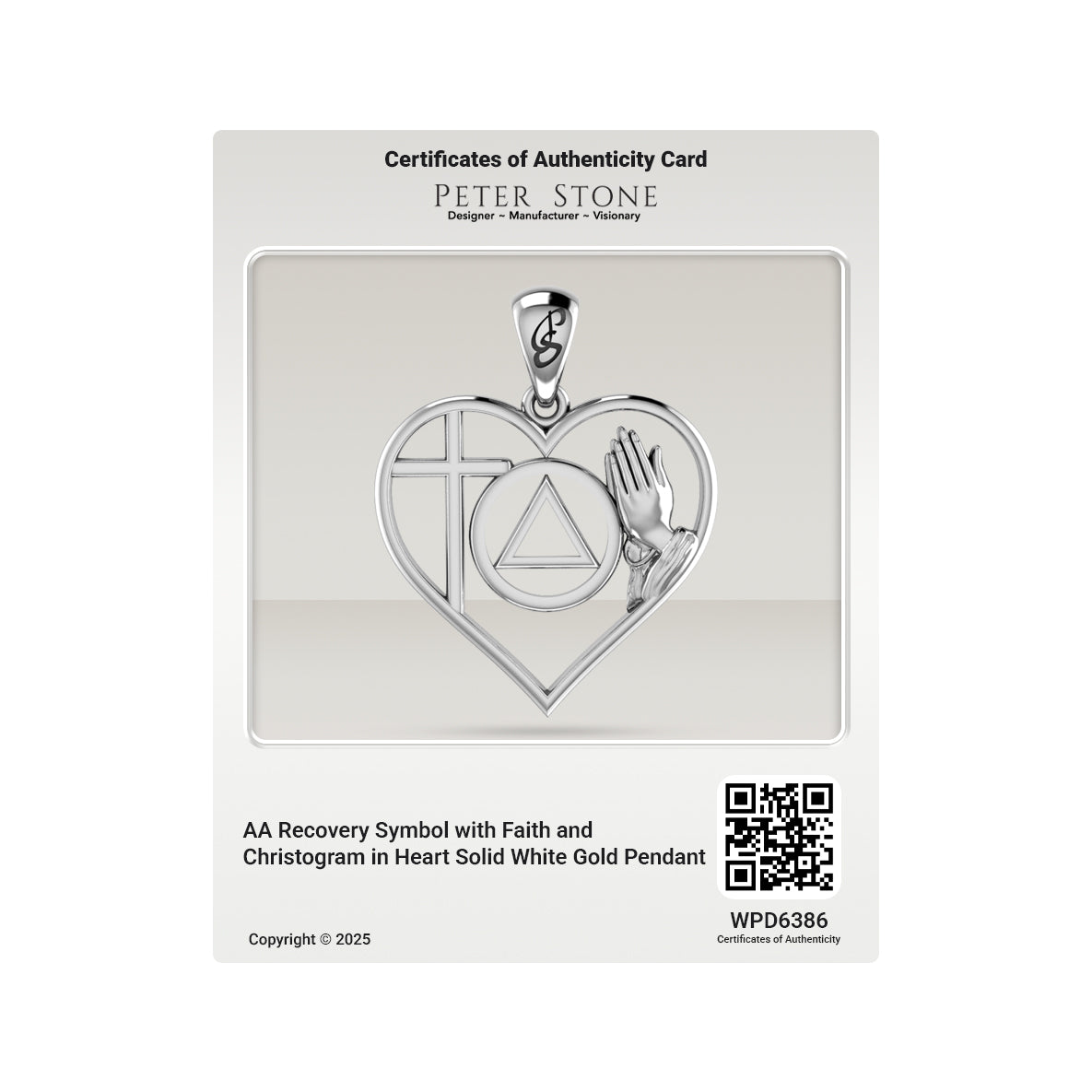 AA Recovery Symbol with Faith and Christogram in Heart Solid Gold Pendant GPD6386