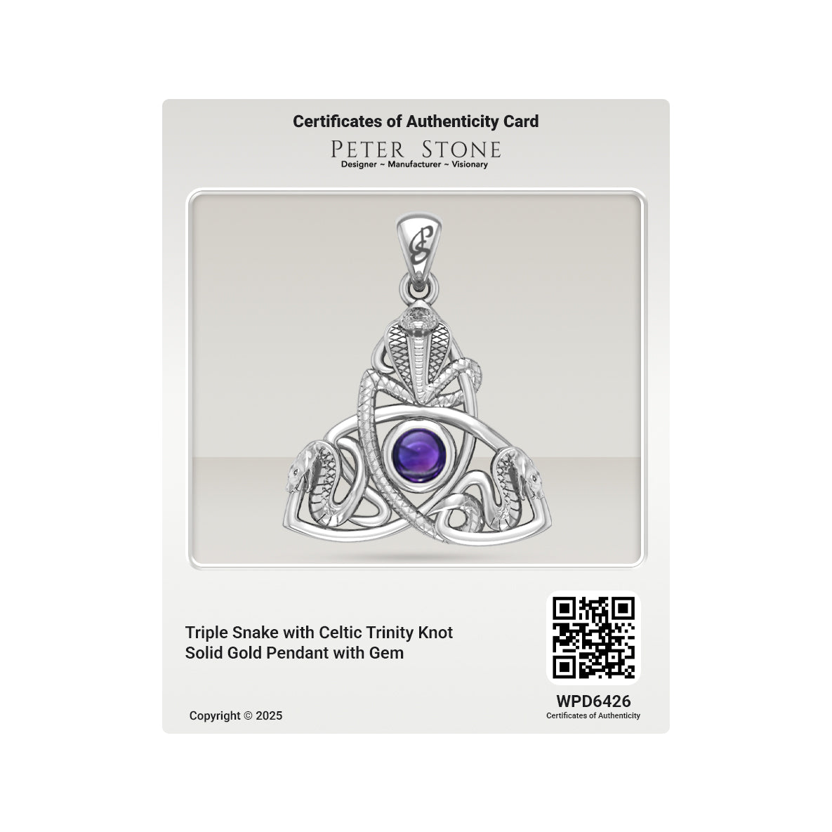 Triple Snake with Celtic Trinity Knot Solid Gold Pendant with Gem GPD6426