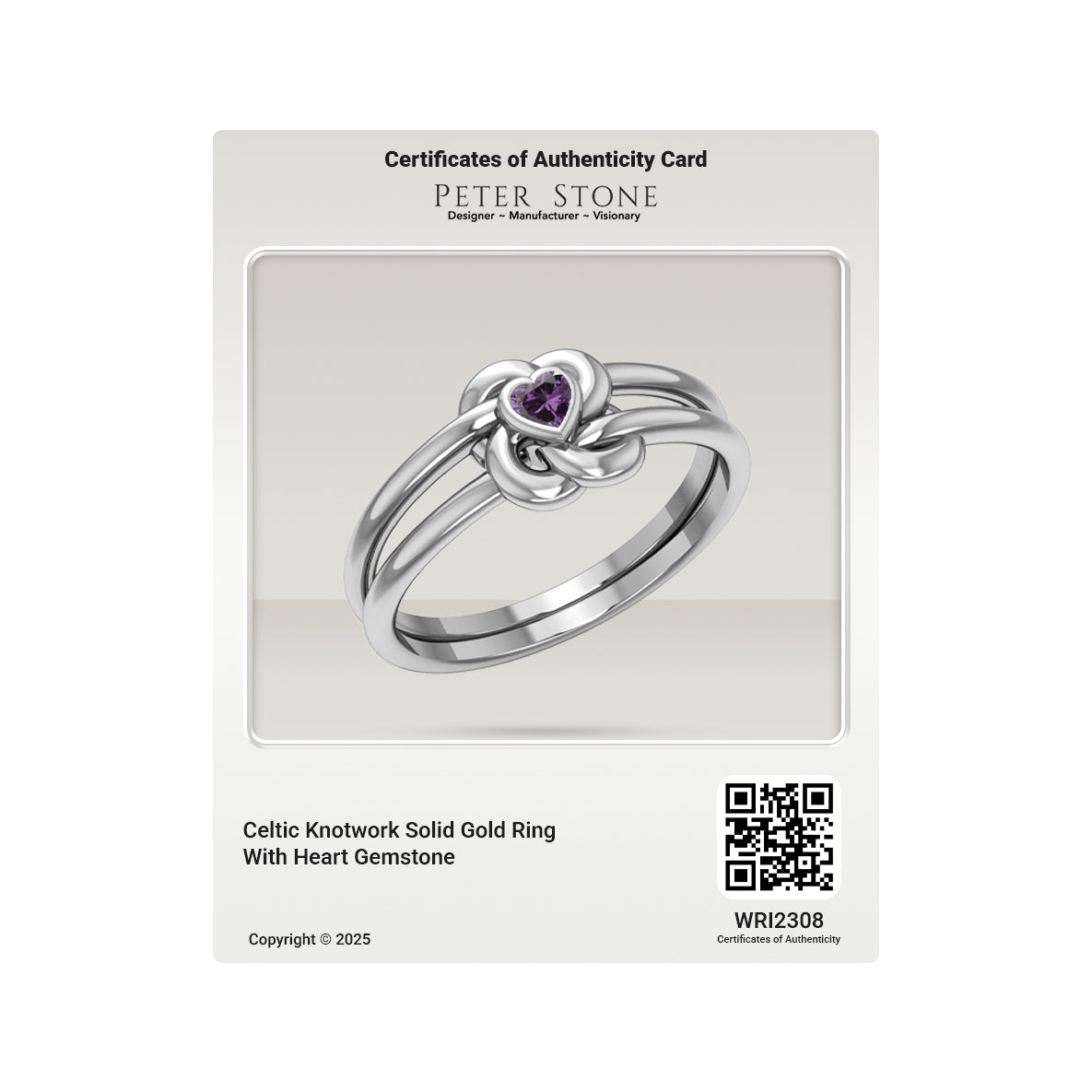 Celtic Knotwork Solid White Gold Ring With Heart Gemstone WRI2308