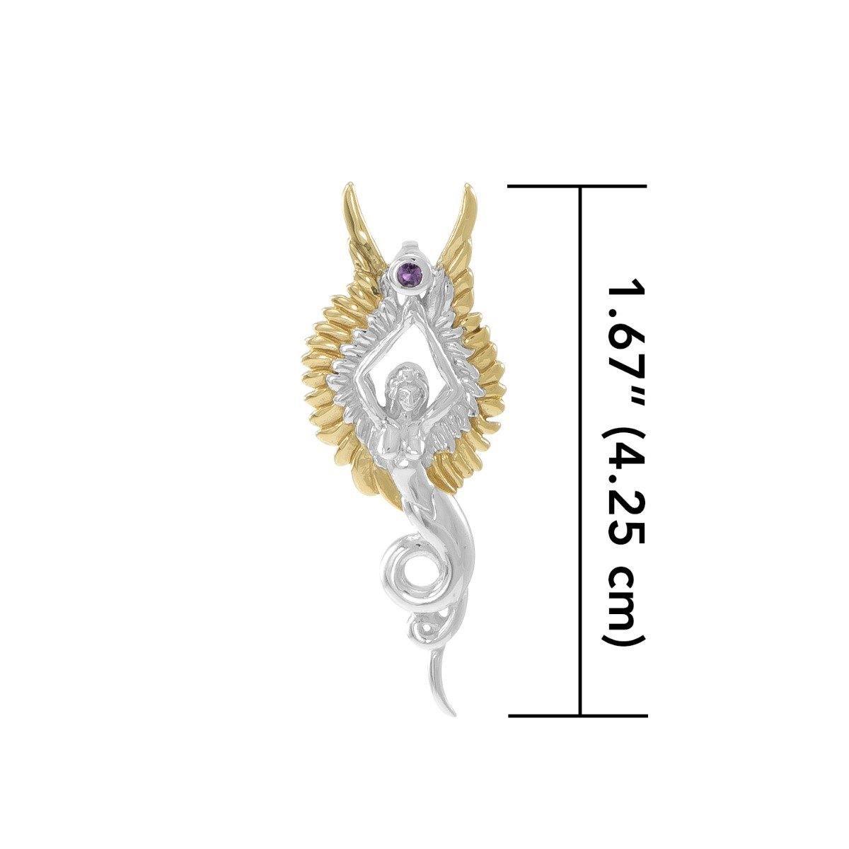 Captured by the Grace of the Angel Phoenix ~ Silver and 18K Gold Accent Jewelry Pendant with Amethyst MPD3266 - Jewelry