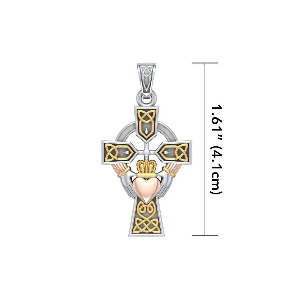 Celtic Cross and Irish Claddagh Three Tone Sterling Silver Pendant OTP1704