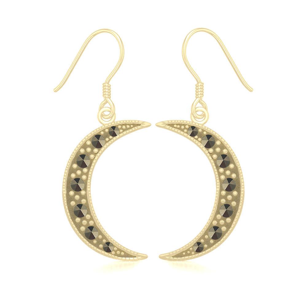 Crescent Moon Solid Gold Earrings with Marcasite GER1906 - Jewelry