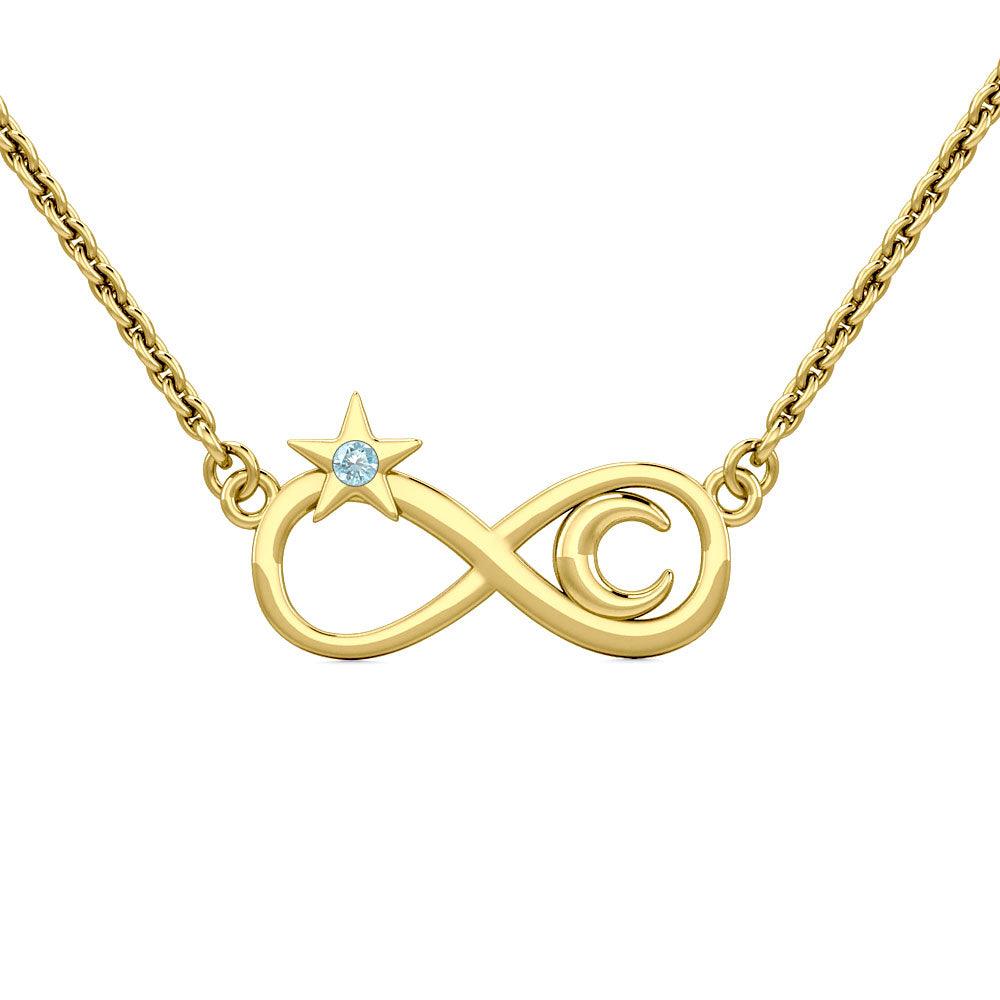 Infinity Moon and Star 14K Solid Gold Necklace with Gemstone GNC486 - Jewelry