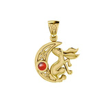 Rabbit on Celtic Crescent Moon Gold Pendant with Gemstone GPD4291 - Jewelry
