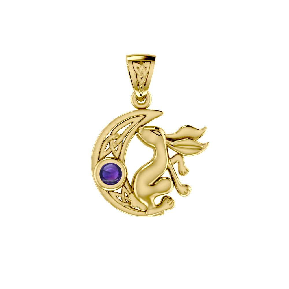 Rabbit on Celtic Crescent Moon Gold Pendant with Gemstone GPD4291 - Jewelry
