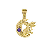 Rabbit on Celtic Crescent Moon Gold Pendant with Gemstone GPD4291 - Jewelry