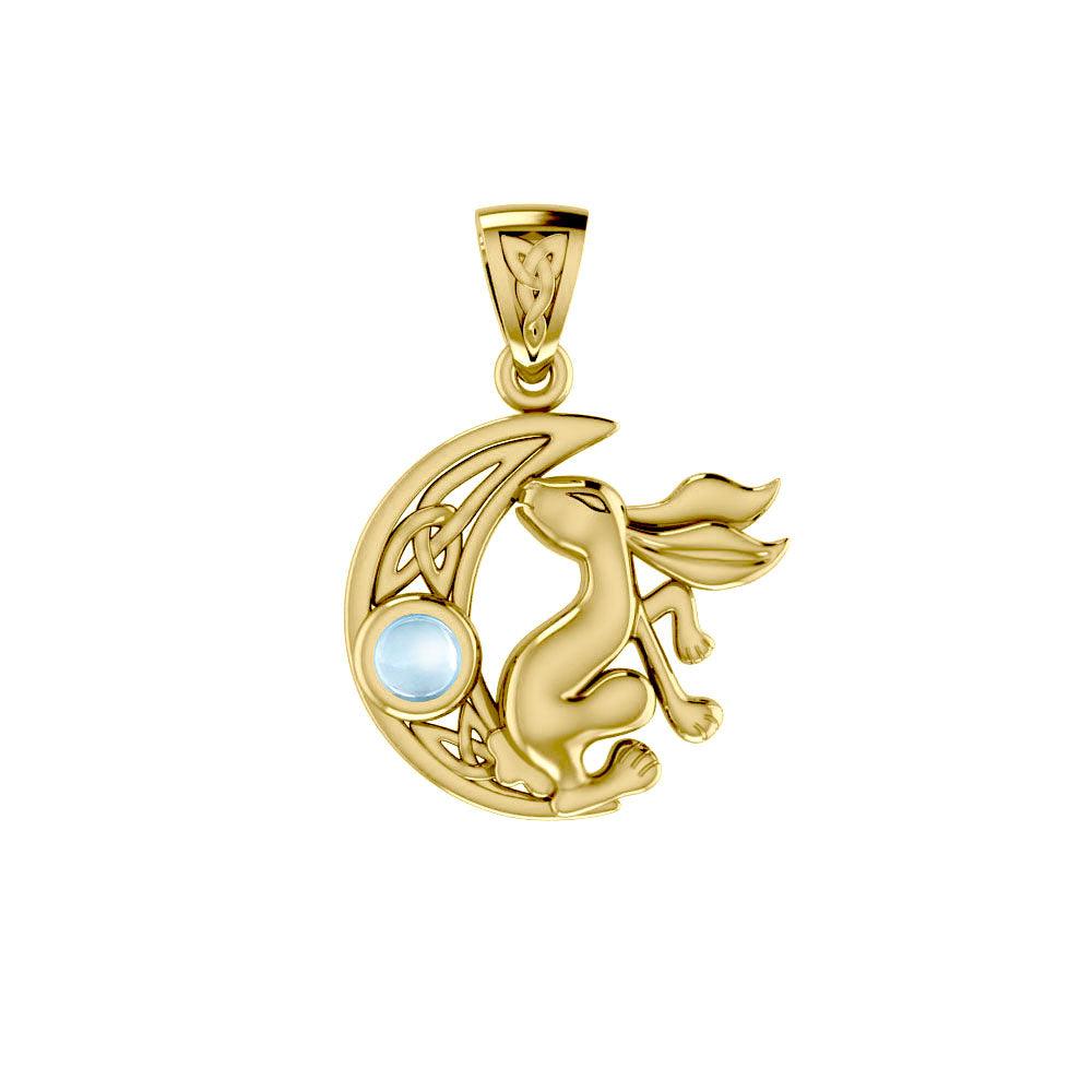 Rabbit on Celtic Crescent Moon Gold Pendant with Gemstone GPD4291 - Jewelry