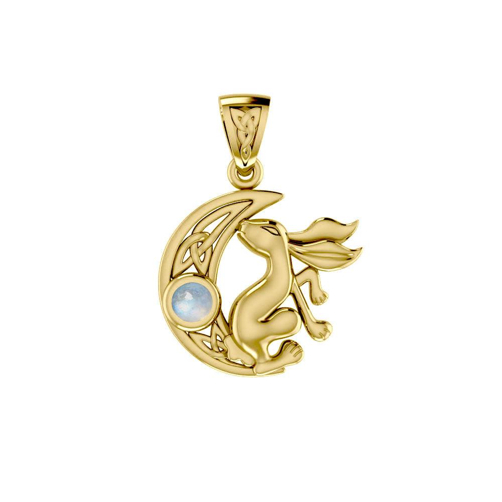 Rabbit on Celtic Crescent Moon Gold Pendant with Gemstone GPD4291 - Jewelry