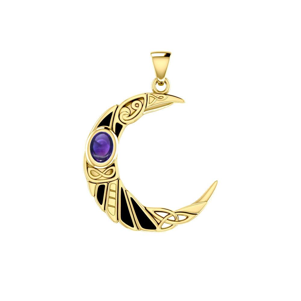 The Celtic Moon Raven 14K Yellow Gold Pendant with Gemstone GPD5262 - Jewelry