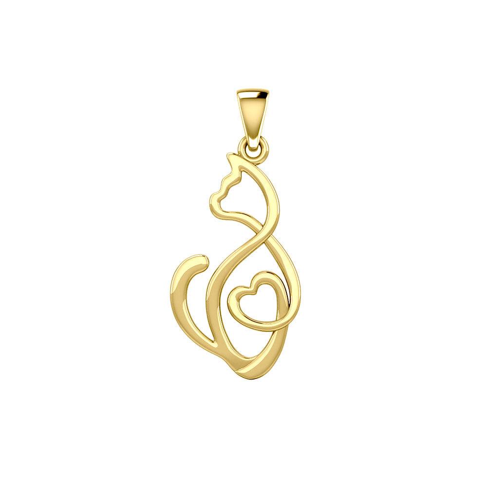 Running Cat with Heart 14K Yellow Gold Pendant GPD5280 - Jewelry