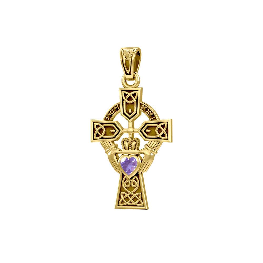 Celtic Cross and Irish Claddagh 14K Yellow Gold Pendant with Heart Gemstone GPD5340 - Jewelry