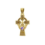 Celtic Cross and Irish Claddagh 14K Yellow Gold Pendant with Heart Gemstone GPD5340 - Jewelry
