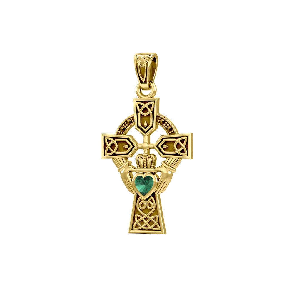Celtic Cross and Irish Claddagh 14K Yellow Gold Pendant with Heart Gemstone GPD5340 - Jewelry