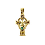 Celtic Cross and Irish Claddagh 14K Yellow Gold Pendant with Heart Gemstone GPD5340 - Jewelry
