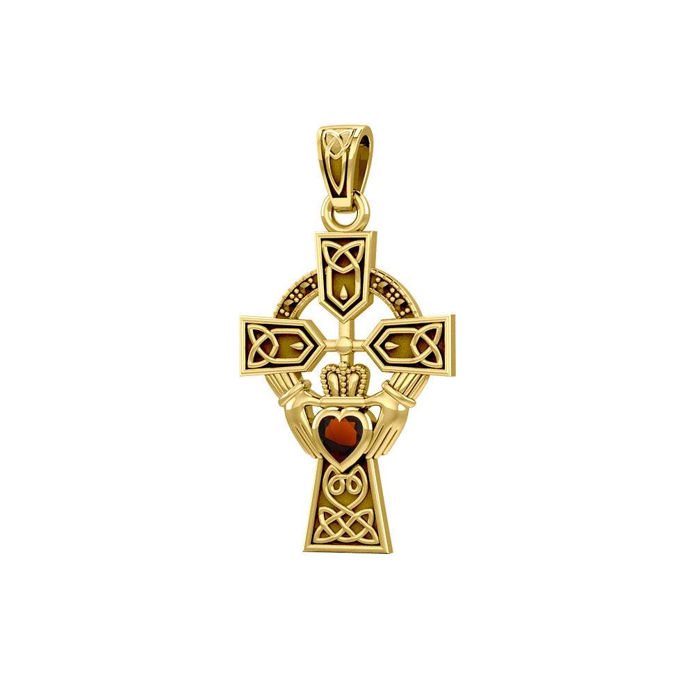 Celtic Cross and Irish Claddagh 14K Yellow Gold Pendant with Heart Gemstone GPD5340 - Jewelry