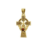 Celtic Cross and Irish Claddagh 14K Yellow Gold Pendant with Heart Gemstone GPD5340 - Jewelry