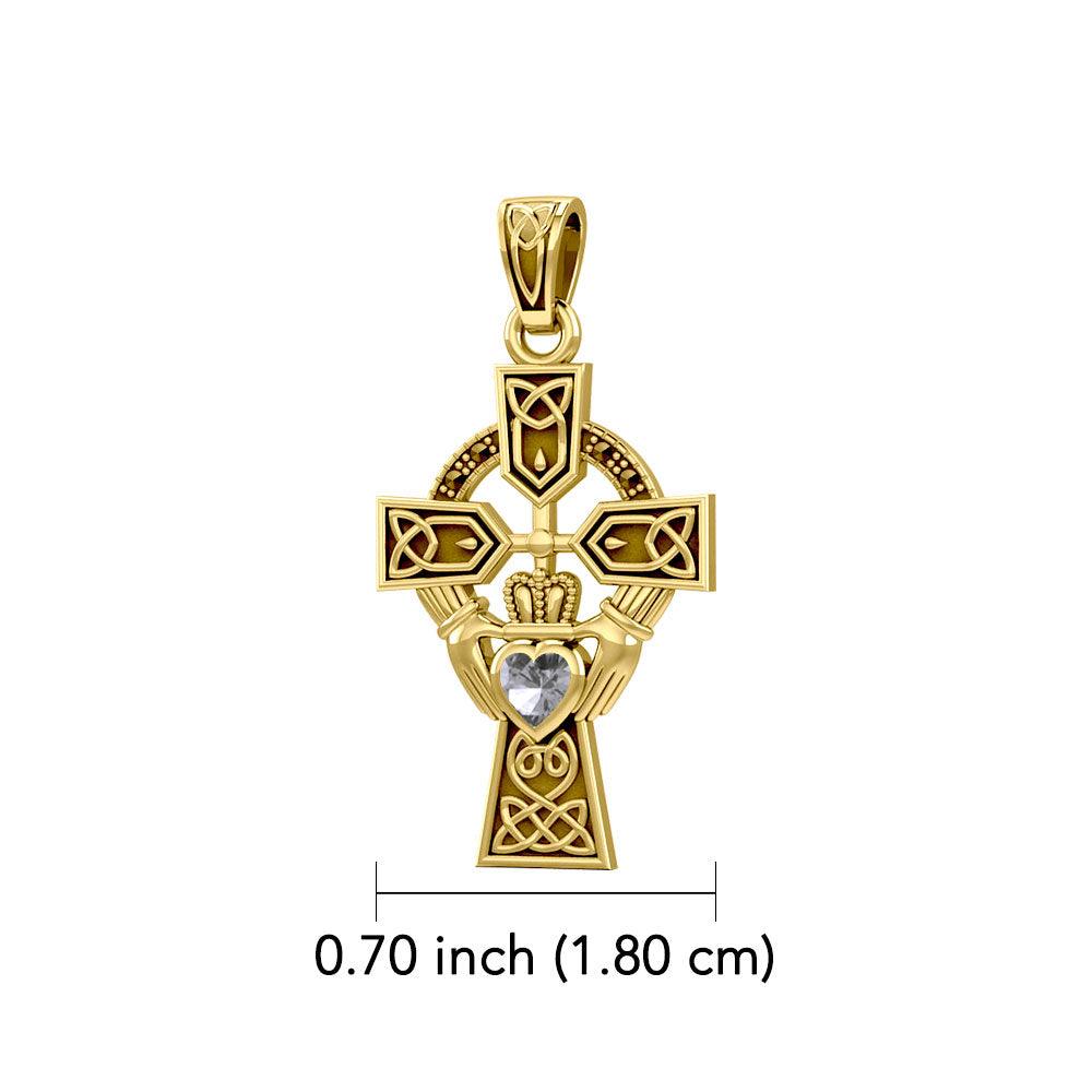 Celtic Cross and Irish Claddagh 14K Yellow Gold Pendant with Heart Gemstone GPD5340 - Jewelry