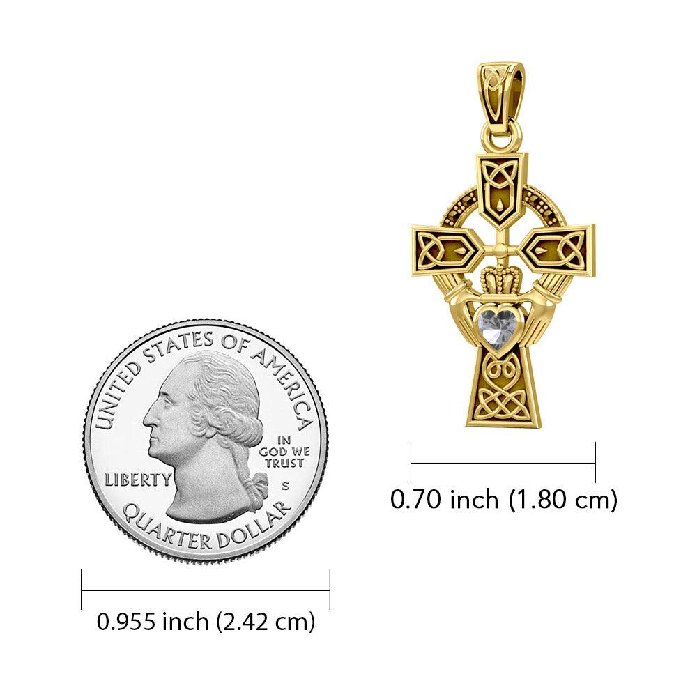 Celtic Cross and Irish Claddagh 14K Yellow Gold Pendant with Heart Gemstone GPD5340 - Jewelry