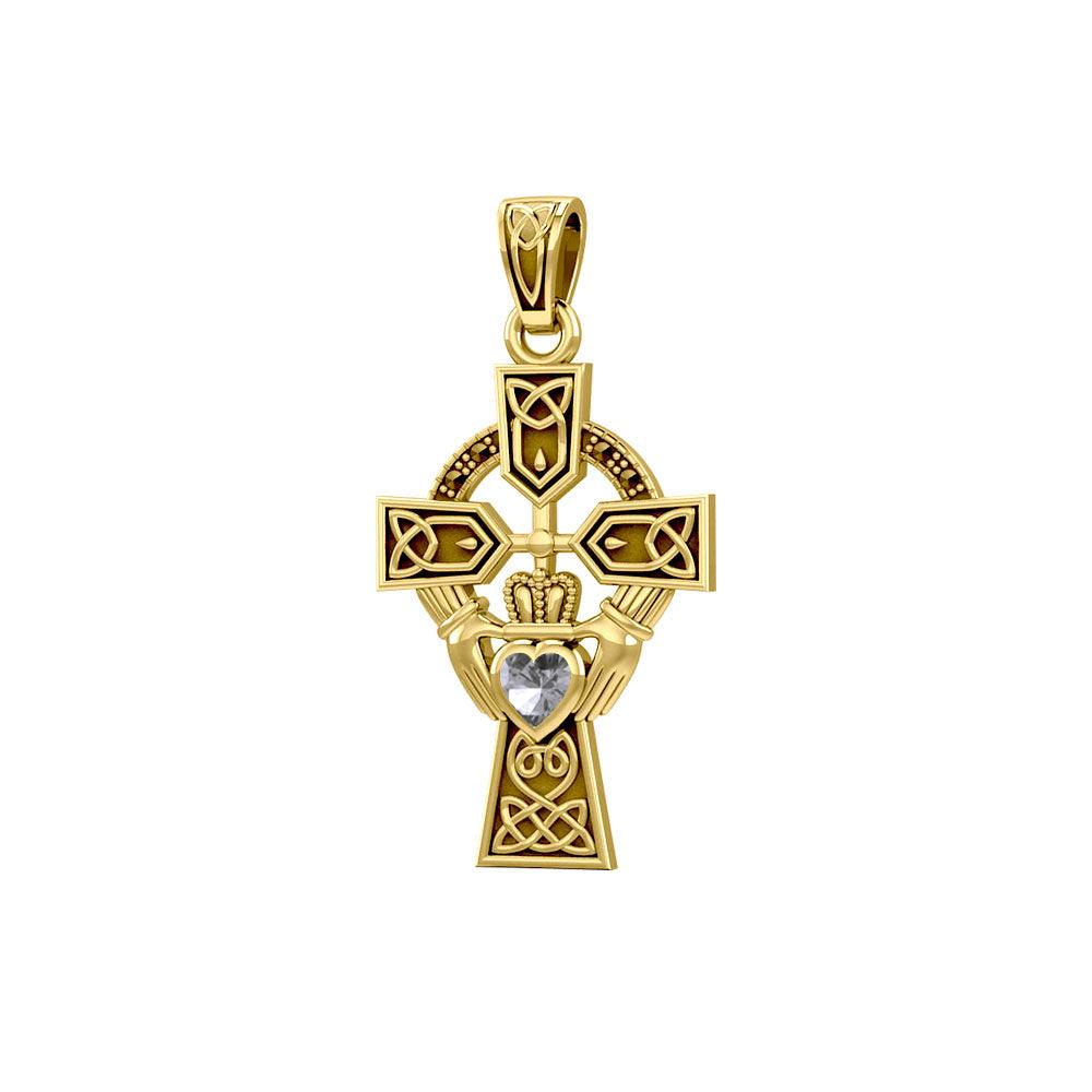 Celtic Cross and Irish Claddagh 14K Yellow Gold Pendant with Heart Gemstone GPD5340 - Jewelry