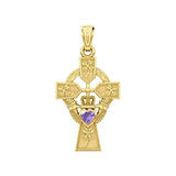 Claddagh Celtic Cross with Lucky Four Leaf Clover 14K Yellow Gold Pendant GPD5359